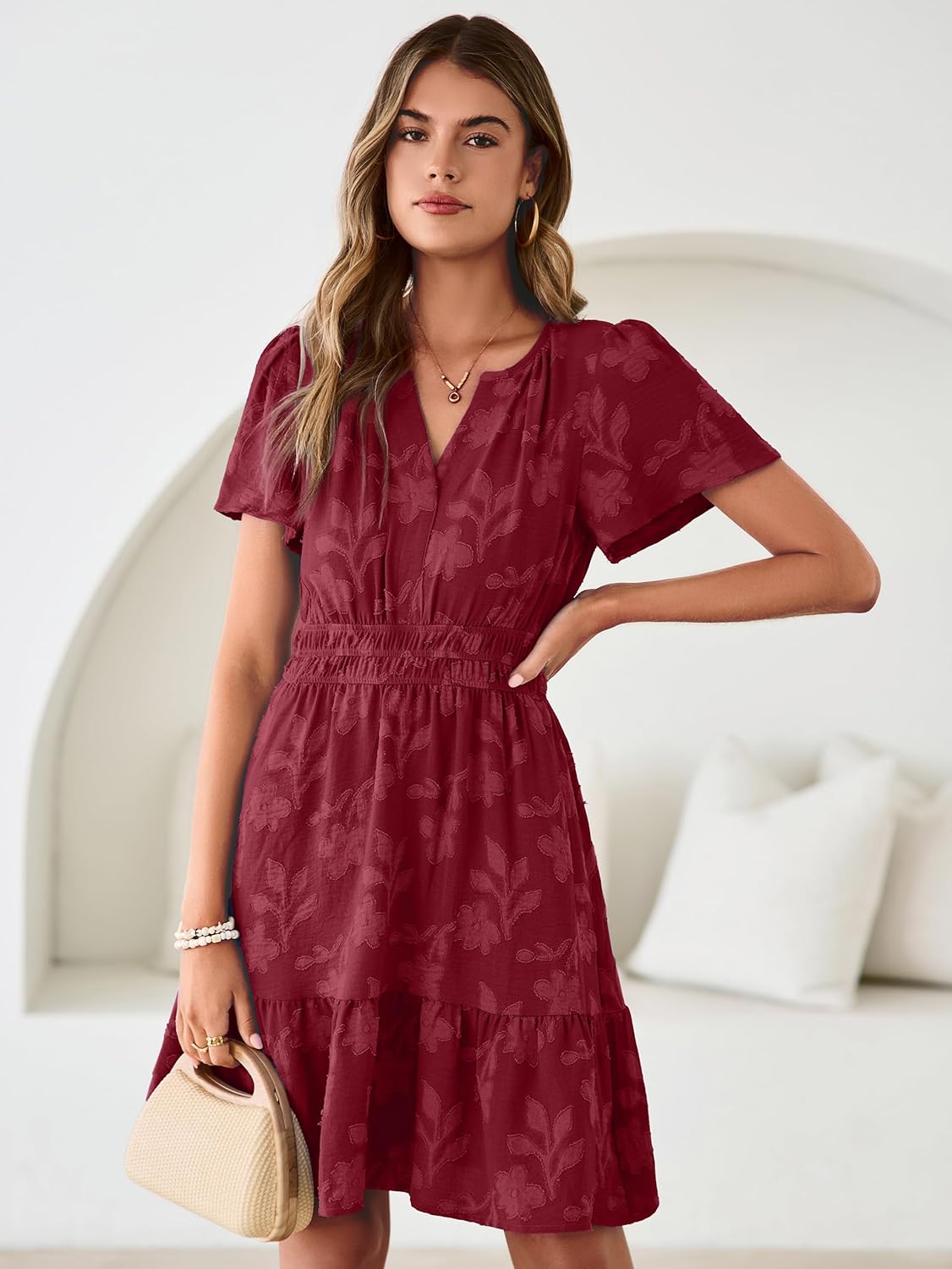 Simplee Womens Summer Floral Dress Casual Short Sleeve V Neck Empire Waist Boho Flowy A Line Mini Wedding Guest Dresses - Image 8