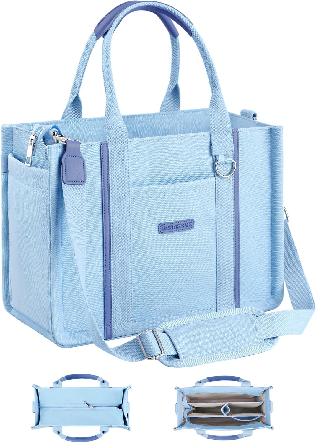 BESBESME Women’s Canvas Tote Bag with Zipper and Compartments – Multi-Pocket Laptop Work Crossbody Shoulder Tote Purse