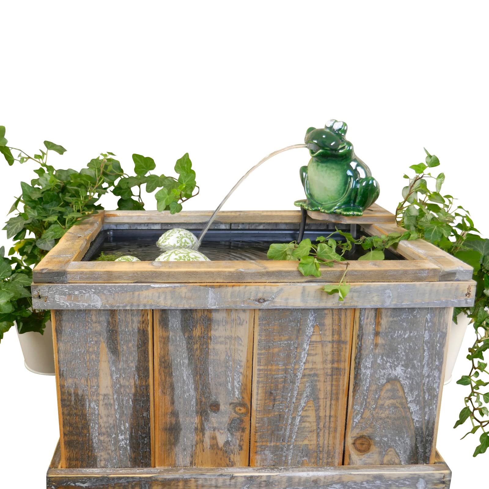 Storm's Gartenzaubereien Miniteich Set - Holzkiste mit Aufsatz Teich Becken für Wasserspeier Frosch mit Pumpe und Schwimmkugeln