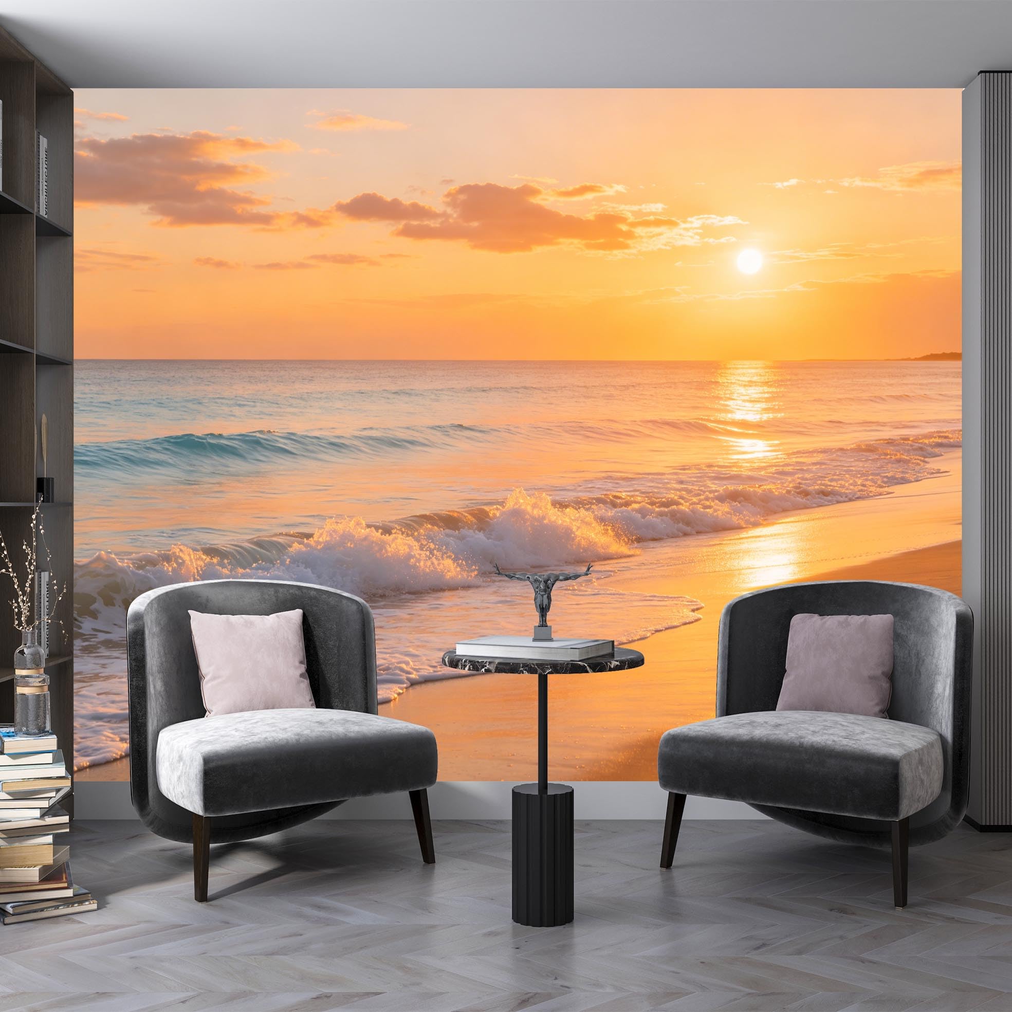 Papier peint panoramique 3D plage pour un salon lumineux et évasé