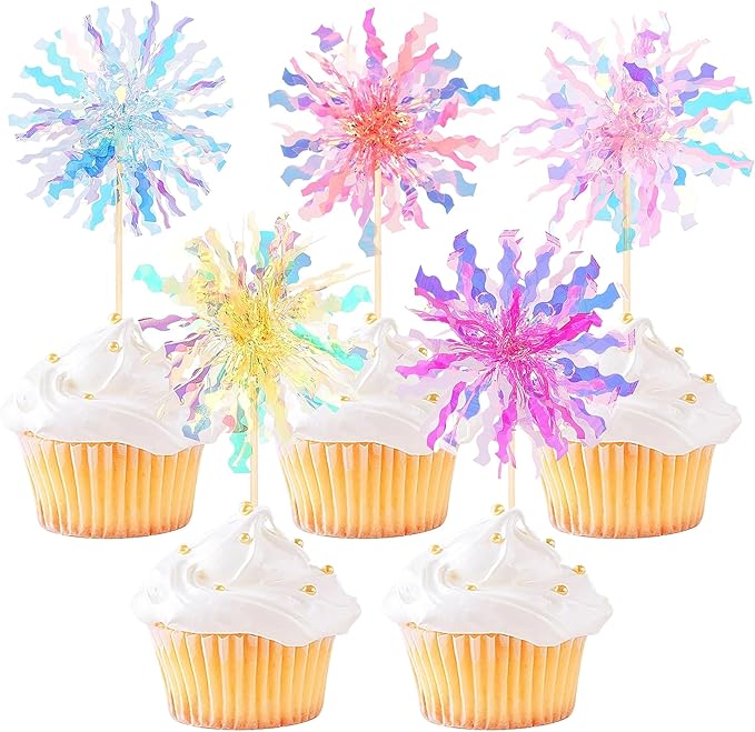 10 Pieces Foil Firework Cupcake Toppers, Sparkle Tinsel Firework Cake