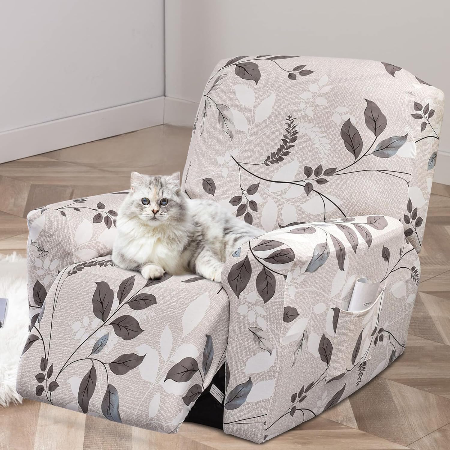 US 4 Pcs Recliner Chair Covers Nonslip Recliner Slipcovers Easy to Install Recliner Covers with One Storage Pocket Easy to Care Recliner Chair Covers for Living Room(Flower and leaves)