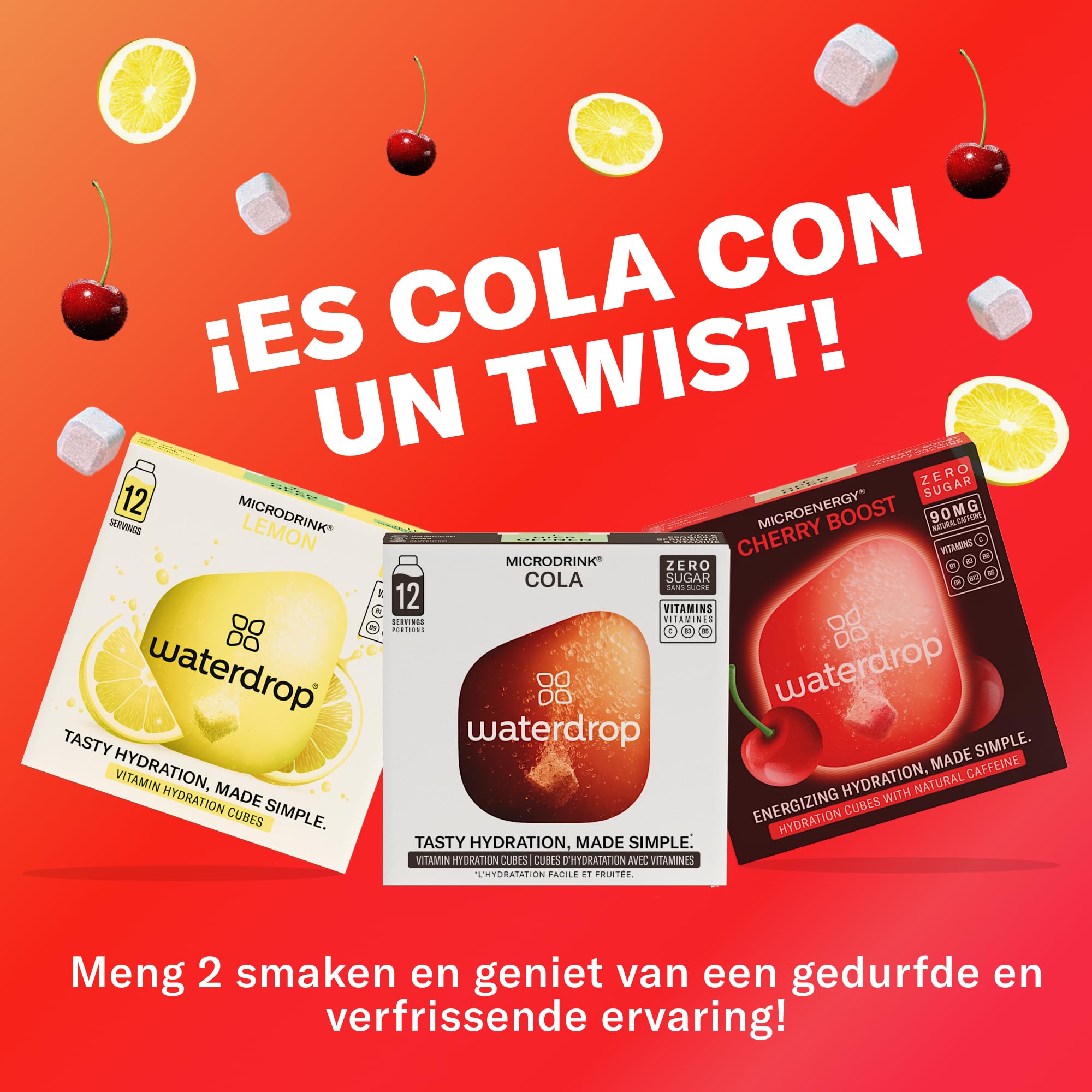 waterdrop® Microdrink Mix, 36 Pastillas Saborizantes Para Agua, Bebidas Mix Sabores COLA, LIMÓN, CEREZA.Sin Azúcar, baja en calorías y con vitaminas, Bebida Instantánea, Polvo de Hidratación