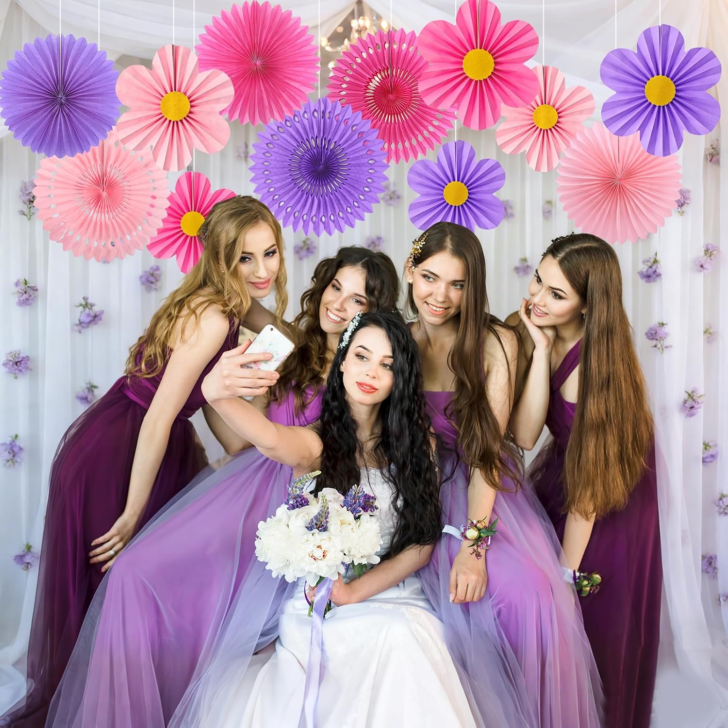ADLKGG 12 Pcs Pink Purple Party Decorations, Paper Fans Flower Wall image 3