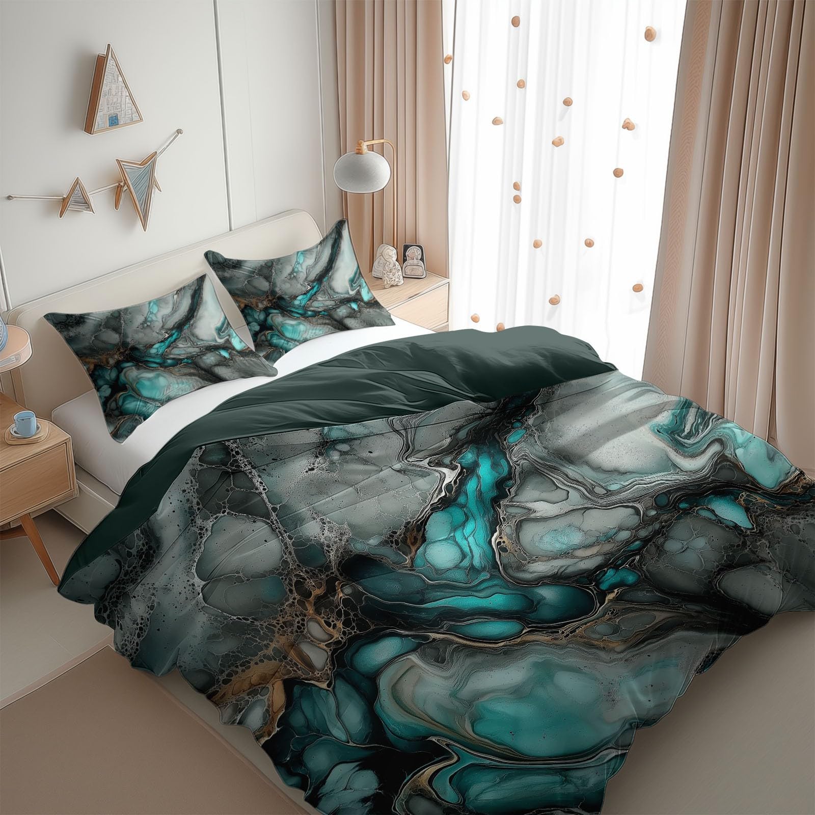 Gray-Green California King Duvet Cover Abstract Acrylic Painting Marble Cal King Bedding Set 3 Pieces, Soft and Breathable Microfiber Comforter Cover with 2 Pillow Shams, for All Season
