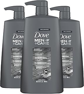 DOVE MEN + CARE Champú de carbón + arcilla, 3 unidades para un cabello de aspecto saludable, limpiadores a base de plantas de origen natural, 25.4 onzas