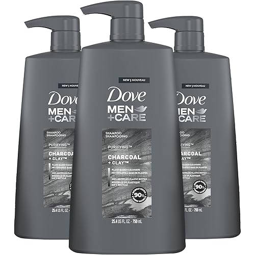 DOVE MEN + CARE Shampoo Charcoal + Clay 3 Count For Healthy-Looking Hair Naturally Derived Plant Based Cleansers 25.4 oz