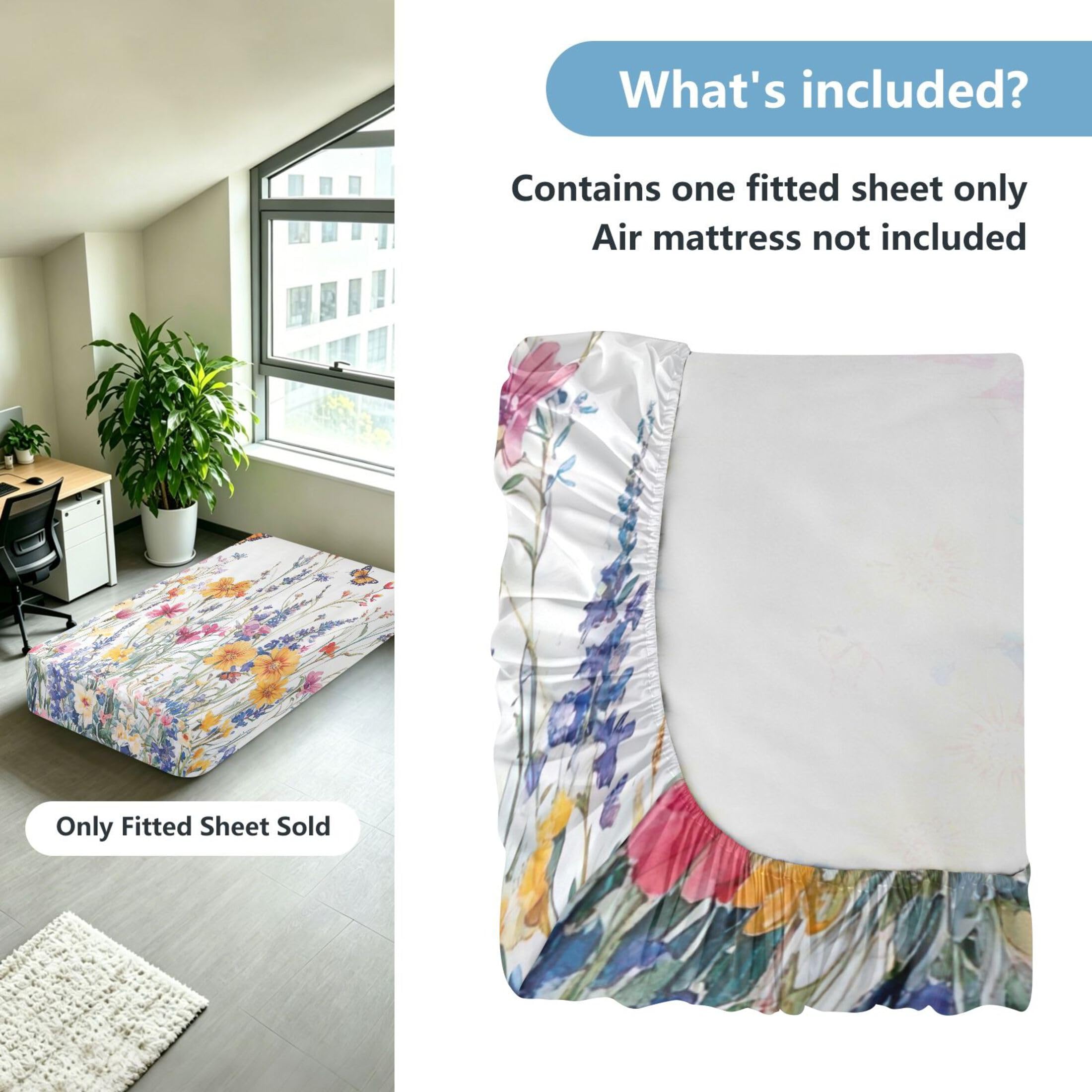 Vibrantes flores silvestres sábana bajera para colchón de aire, bolsillo extra profundo de 24 pulgadas, funda suave y transpirable con apertura de válvula de cremallera para cama de aire