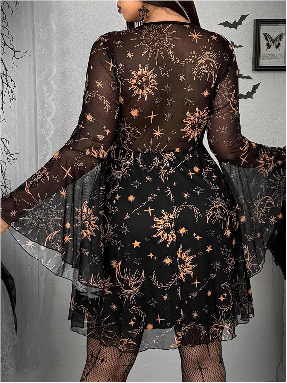 BEAUDRM Women's Plus Size Graphic Short Dress Grunge Punk Mesh Bell Sleeve Sweetheart Neck A Line Dresses Halloween Outfits