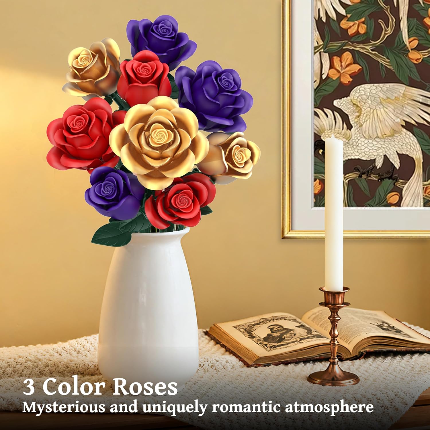 Rose Bouquet Flowers Building Set, 501Pcs Red Purple Golden Roses Artificial Flowers Botanical Collection Compatible with Lego Flowers Home Office Table Decor Gifts for Her/Mom/Girlfriend/Wife/Couple