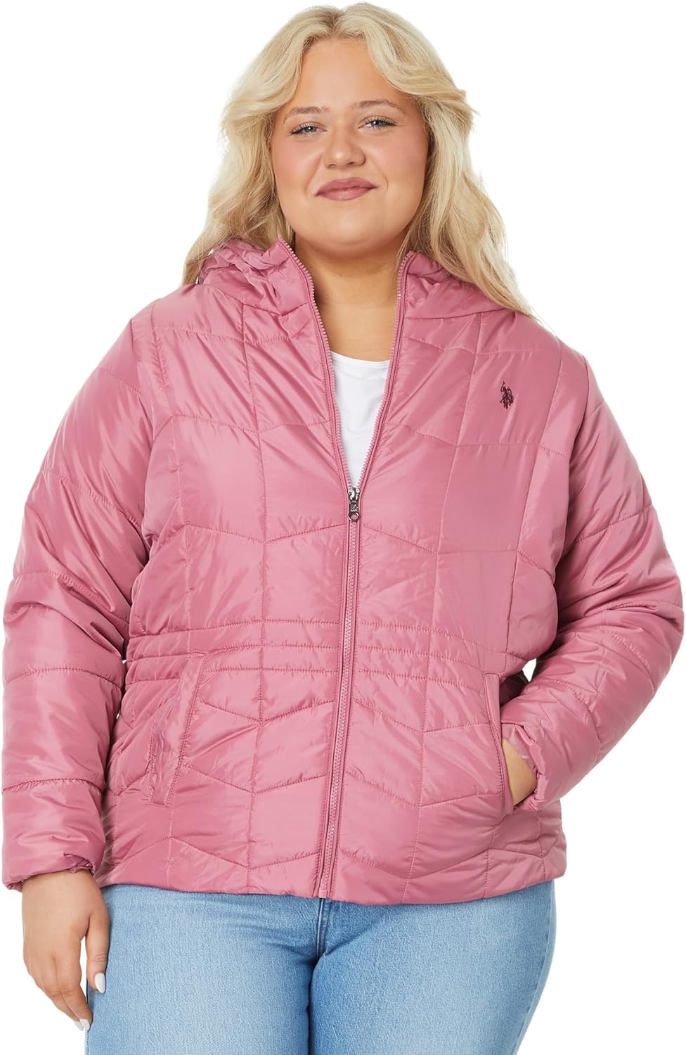 U.S. POLO ASSN. Plus Size Zigzag Wave Cozy Faux Fur Lining Hooded Quilted Puffer