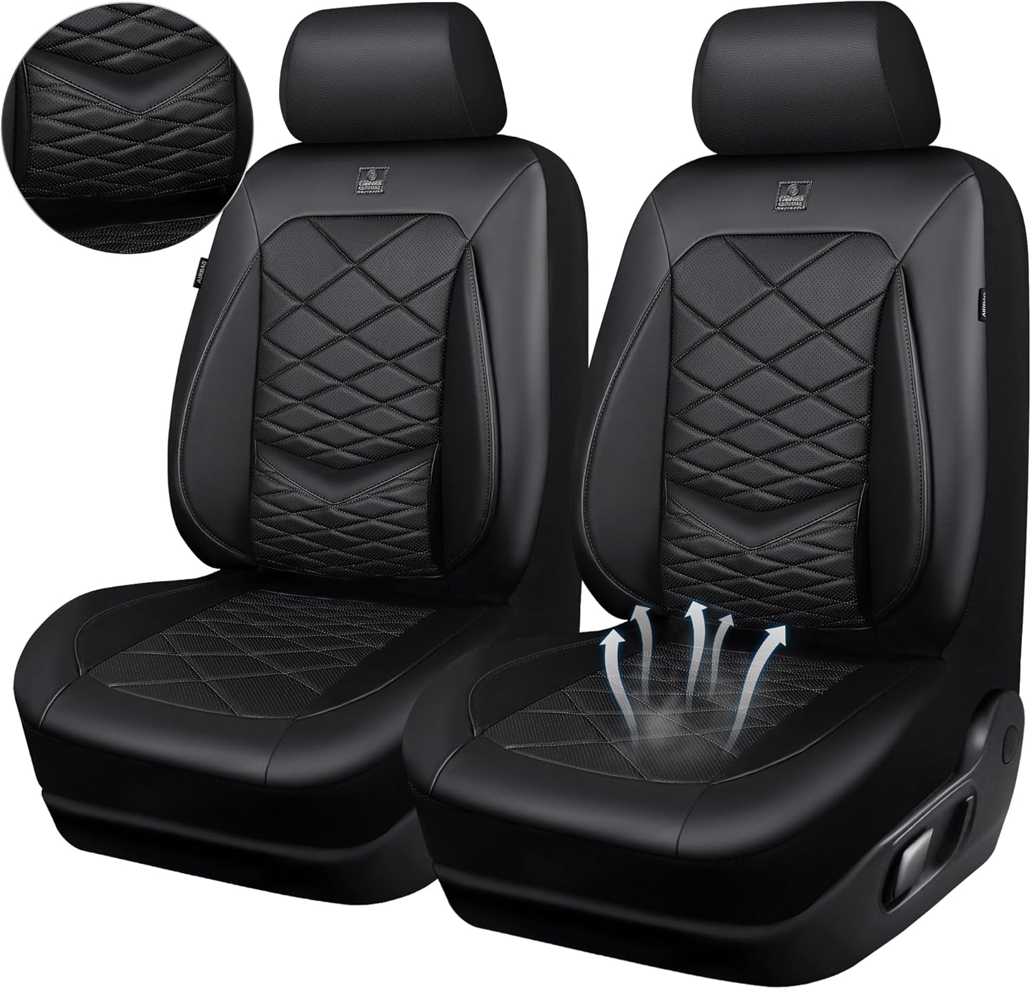 CAR PASS Luxury Nappa Leather Front Seat Covers, Waterproof 3D Foam Seat Covers with Lumbar Support, Breathable Auto Seat Cover Airbag Compatible Universal Fit for Sedan SUV Van Truck, All Black