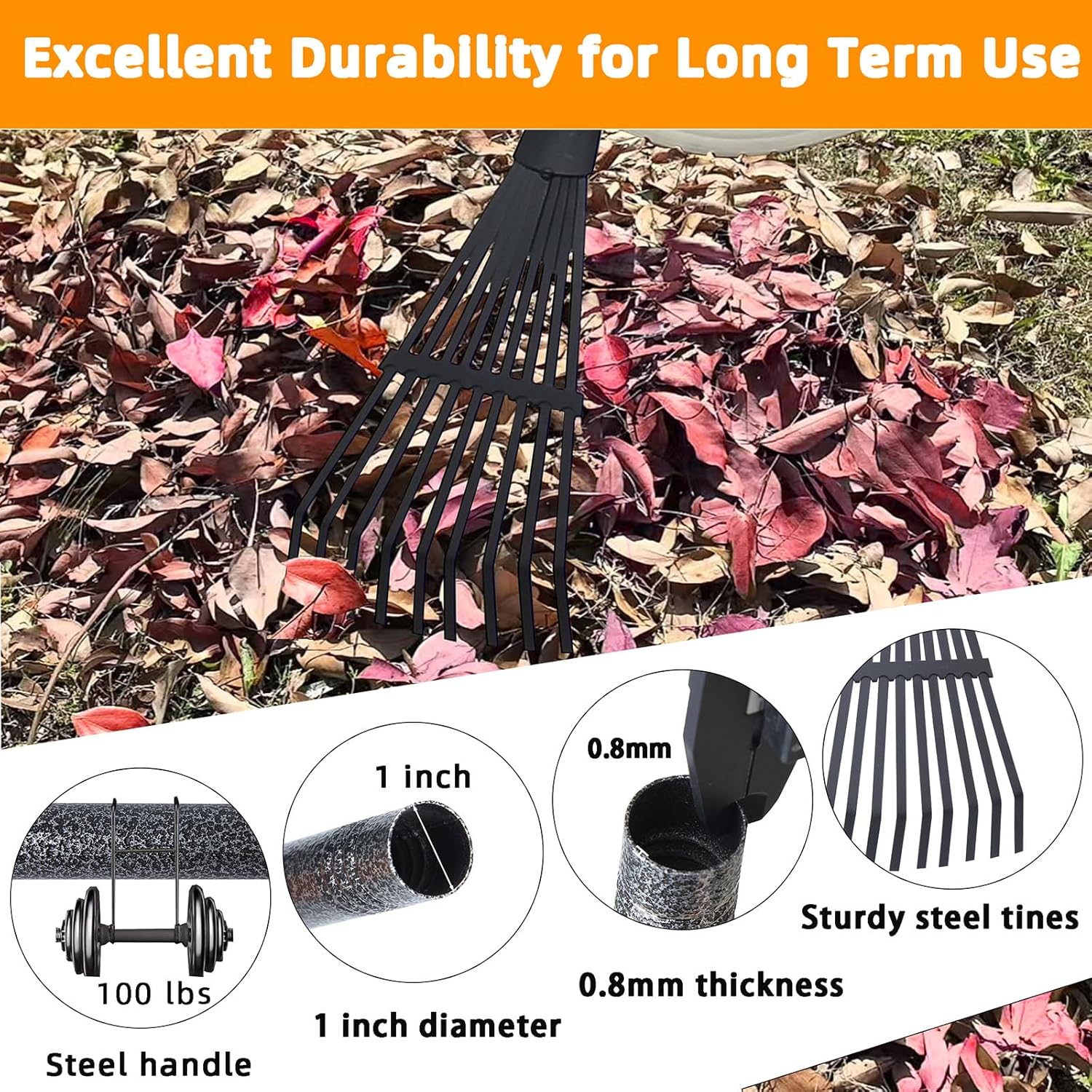Garden Rake for Leaves, 48" Metal Leaf Rake with Foam Soft Foam Grip, 9 Tines Small Narrow Rakes with Adjustable Long Handle, Rakes for Lawns Gardening Yard Flower Bed Grass Mulch Shrub Camping