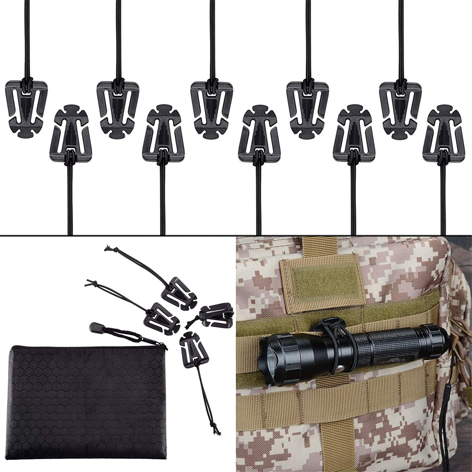 Pack of 10 Tactical Gear Clip Molle Web Dominators for Outdoor Hydration Tube Backpack Straps Management with Zippered Pouch by BOOSTEADY