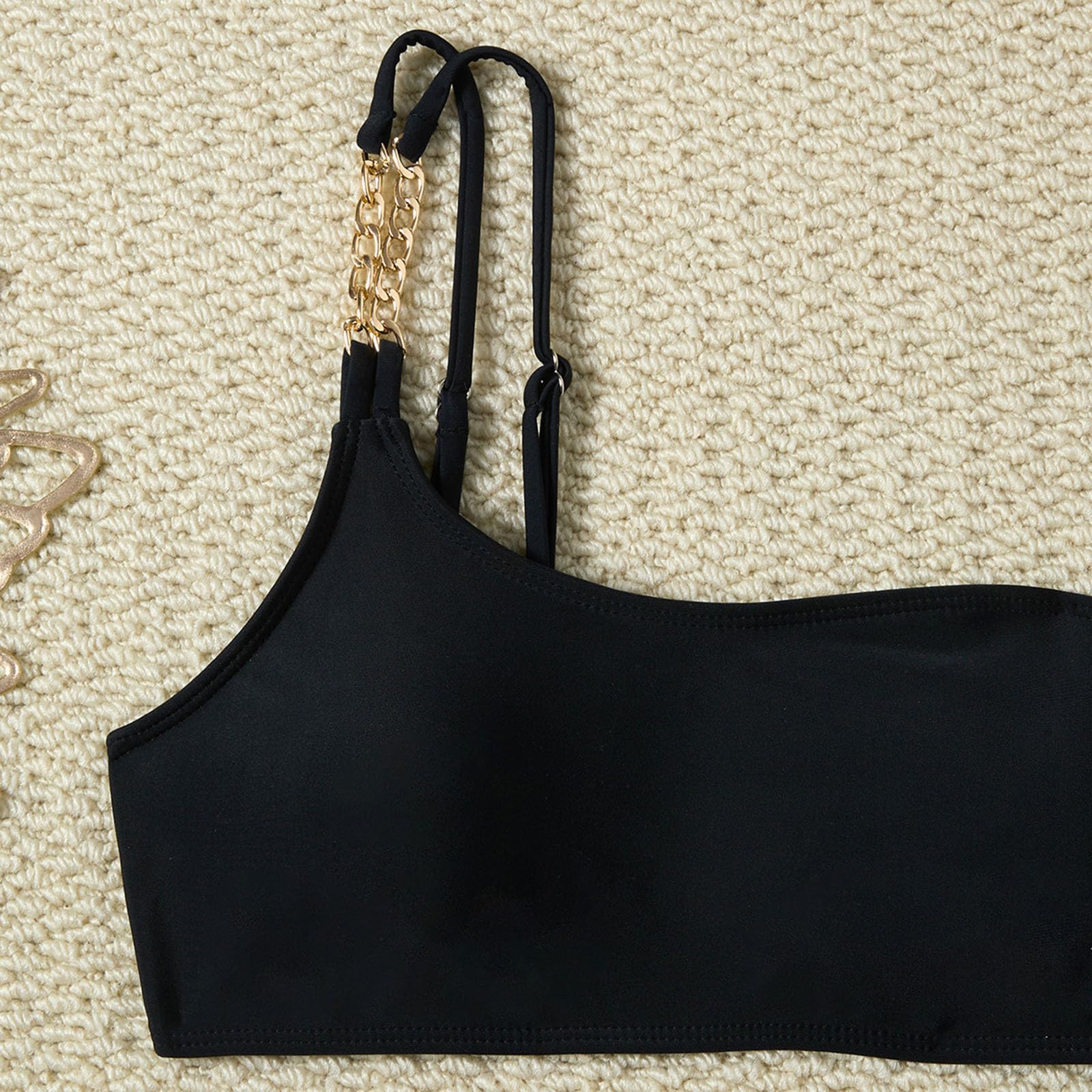 Generico Set Bikini con Top Monospalla, Costume Bagno Due Pezzi Donna, Nero, Doppia Catena in Metallo, Cinturino Regolabile, Asimmetrico, A Triangolo, Traforato