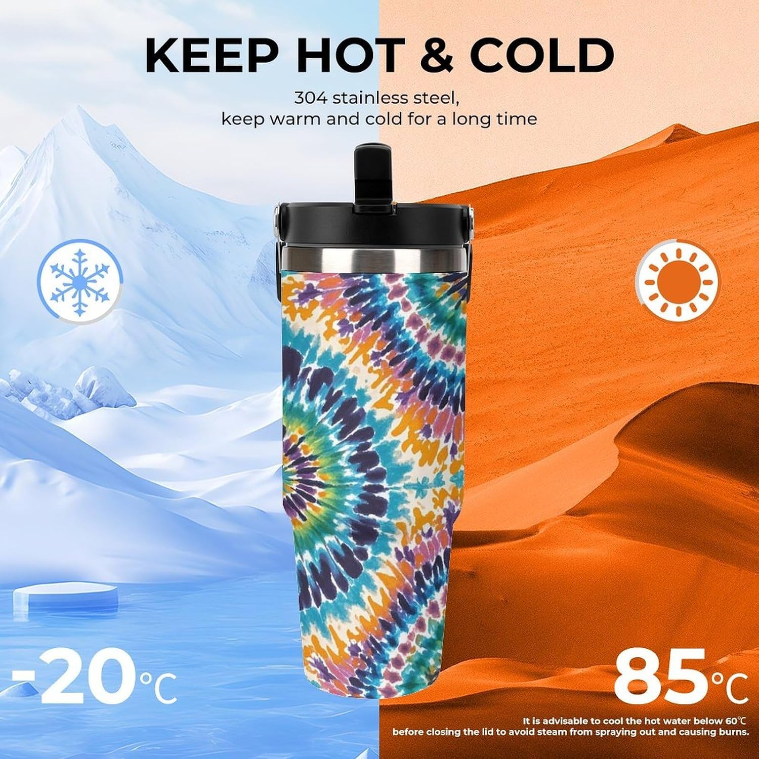 Tie Dye Pattern Tumbler with Top Handle & Straw 30oz image 5
