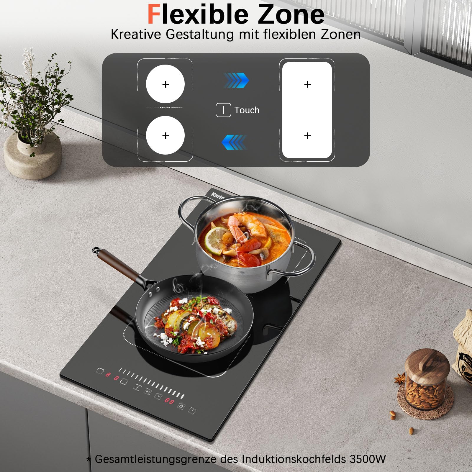 Karinear Induktionskochfeld 2 Platten Einbau,Flexzonen mit Stecker, 3500W | Mobiles Induktion Kochfeld 2 Platten Freistehend, Touch-Bedienung, 9 Leistungsstufen, Timer, Kinderverriegelung, 220V