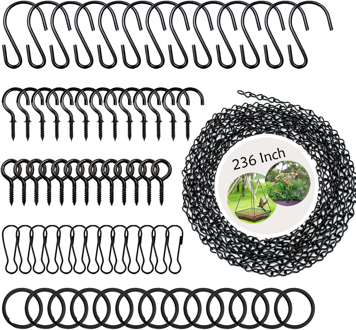 YINGFENG 236" Black Heavy-Duty Hanging Chain Kit with Hooks, Clips & Screws - DIY for Bird Feeders, Planters, Lanterns, Wind Chimes