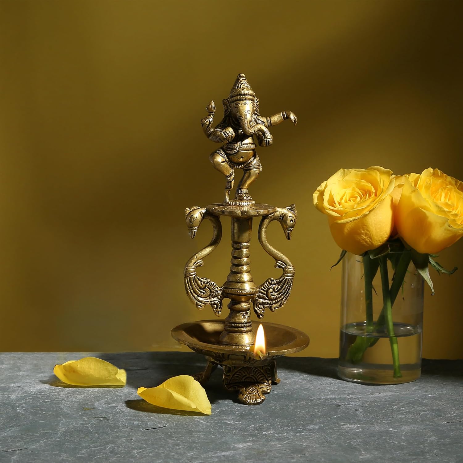 Two Moustaches Dancing Ganesha Brass Oil Diya with Base