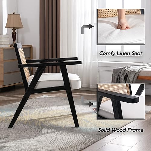 Miniatura 4 de chairus Silla decorativa para sala de estar, sillón tapizado de lino con respaldo de ratán transpirable y madera maciza negra, moderna y compacta