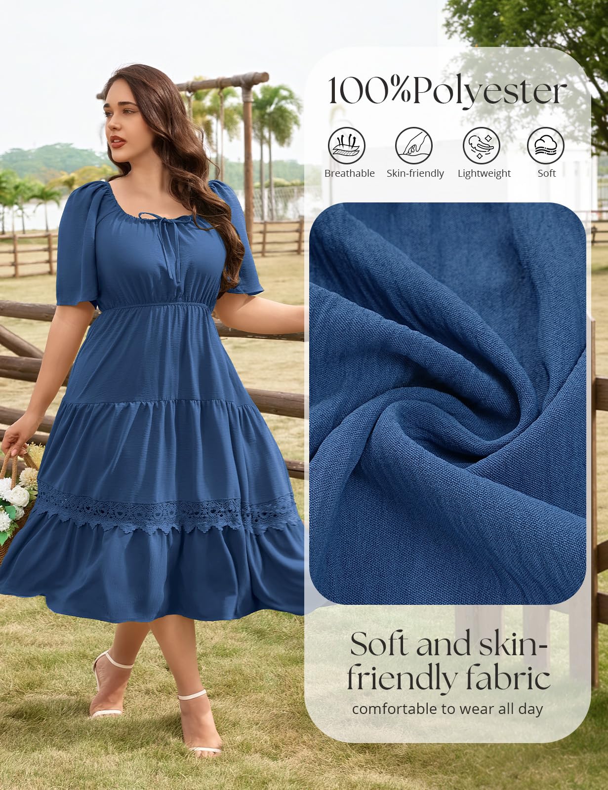heekpek Robe Longue Été Femme Grande Taille Robe Manches Courtes Col Carré Chic et Elegant Robes Fluide D'été Taille Haute Élastique Robe Ample Décontractée de Plage XL-4XL