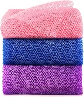 3 Pcs African Exfoliating Net African Net Sponge, Long Bath Sponge African Body Sponge for Body, African Shower Sponge Exfoliating Sponge for Men and Women, Exfoliating Cloth（Purple Pink Blue）