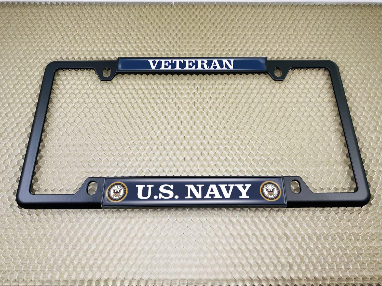 [Officially Licensed Product] - U.S. Navy Veteran with Eagle, Anchor Logo - Domed Custom-Made Personalized Narrow (Thin) Top 4 Hole Metal Car License Plate Frame with Free caps - Black (Qty:1 Frame)