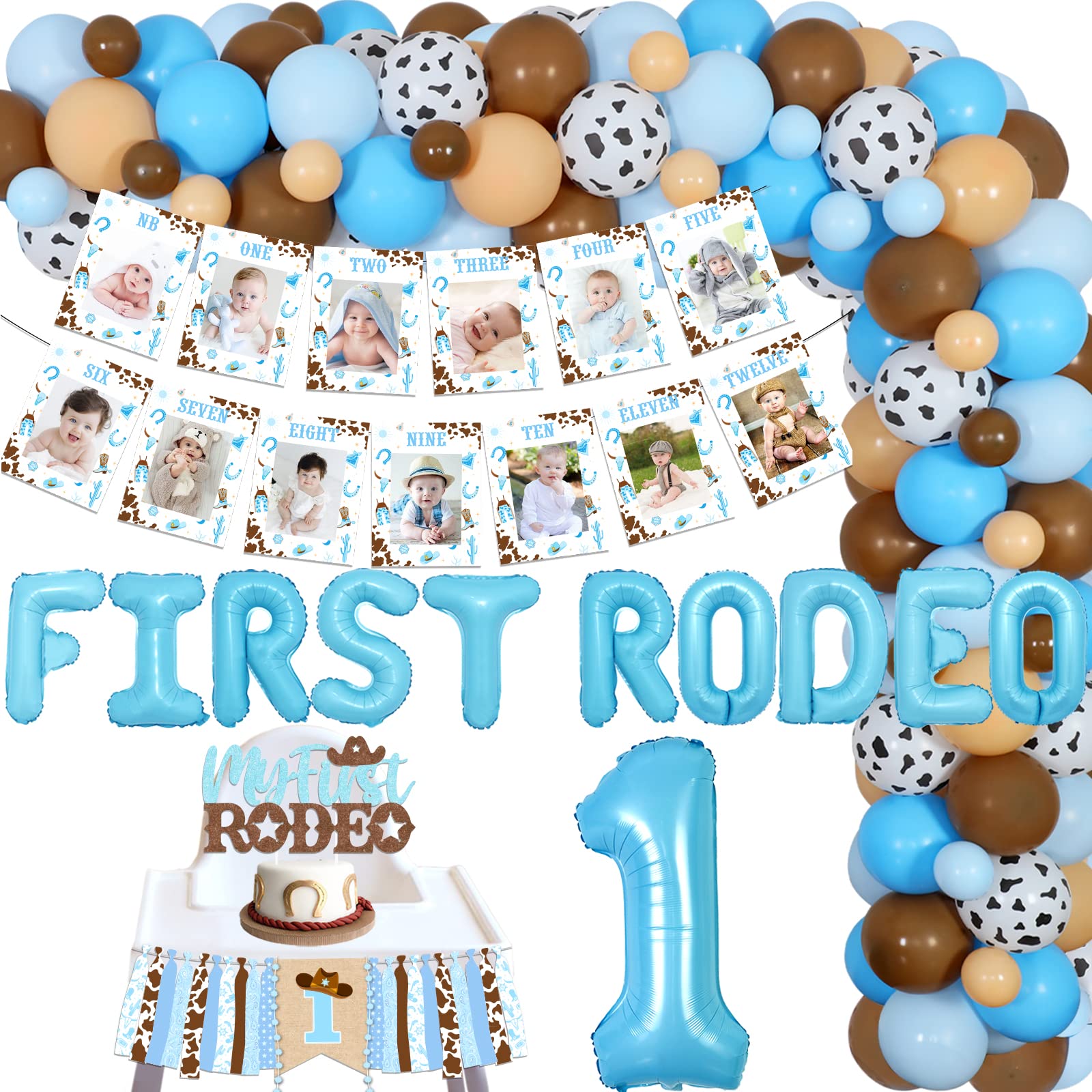 First Rodeo Birthday Party Decorations Boy Blue, Western Cowboy 1st Birthday Party Decorations - Cowboy Balloon Garland Kit with High Chair Banner, Monthly Photo Banner, My First Rodeo Cake Topper