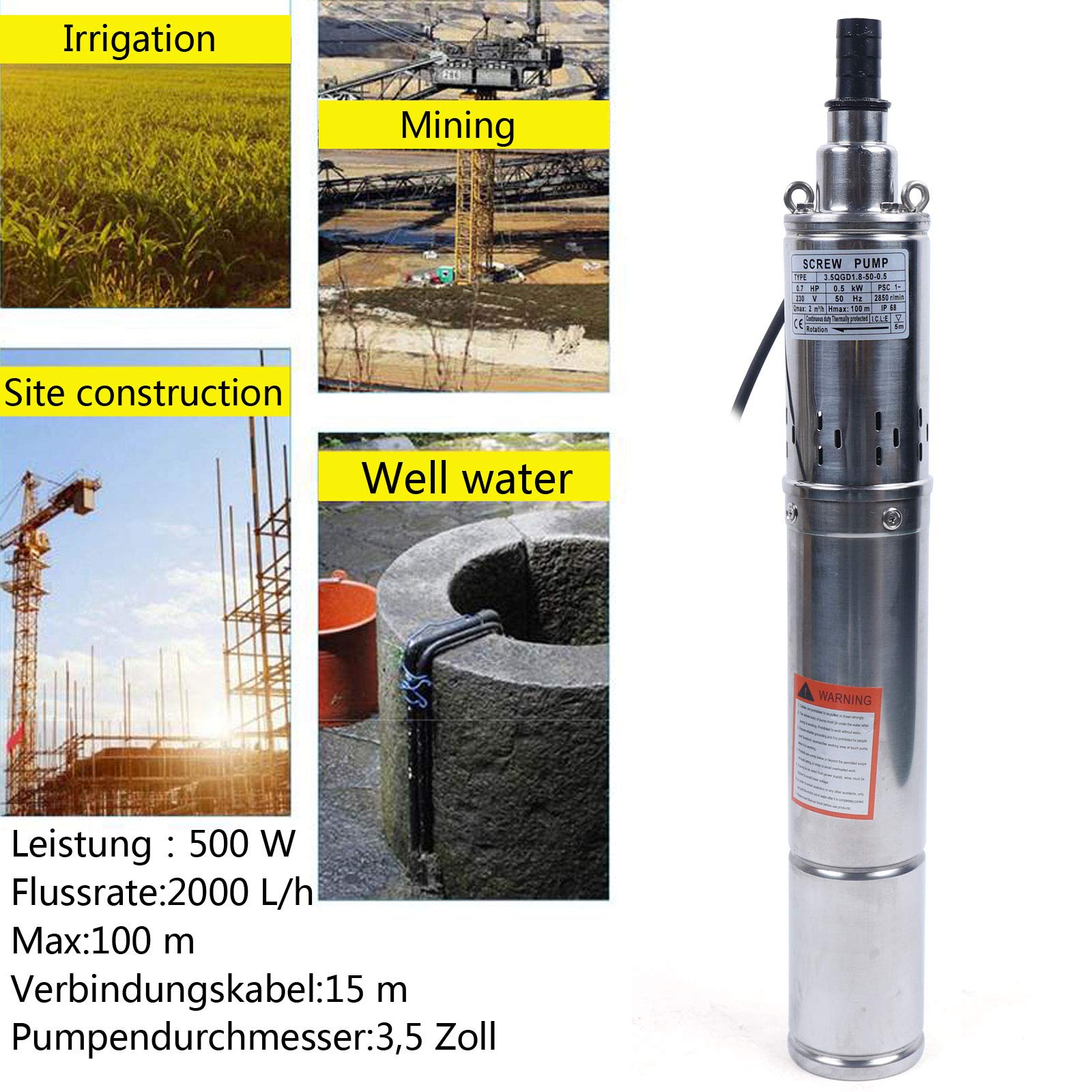 Bomba para pozos profundos, sumergible, acero inoxidable, 3,5 pulgadas, 500 W, caudal de 2 m³/439,94 gal/h, altura máxima de extracción 100 m/328,08 pies para riego agrícola paisajismo con cable de 15