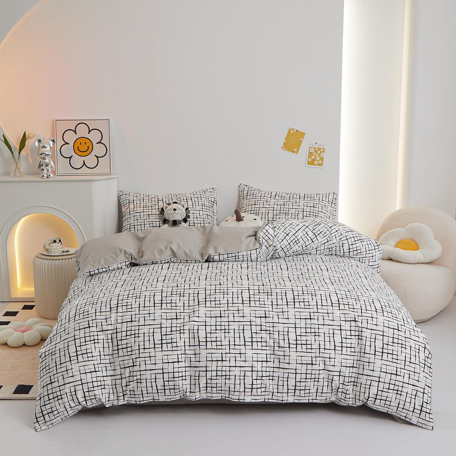 LifeTB Boho Plaid Duvet Cover King Soft Cotton Grid Plaid