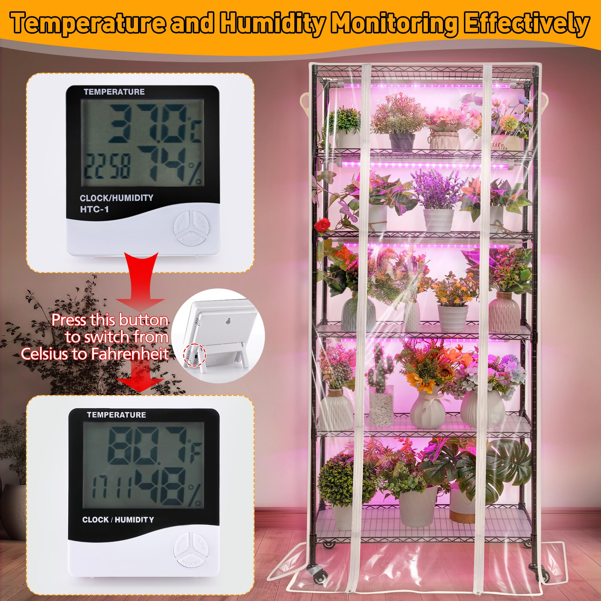 Meonum Pflanzenregal mit Wachstumslichtern, 6 Etagen DIY Metall Pflanzenständer mit 90W LED Wachstumslampen für Saatgut Startregal Indoor Gewächshaus mit mechanischem Timer, Thermometer, pH-Meter, PP