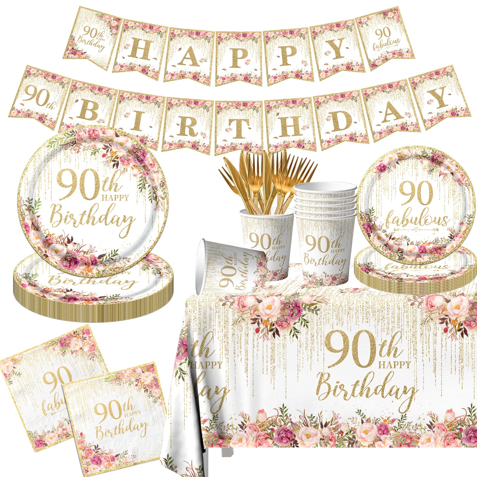 90th Birthday Party Tableware, 142Pcs Rose Gold 90th Birthday Decorations for Women, Includes Plates, Napkins,Tablecloth, Cup, Banner, Serves 20