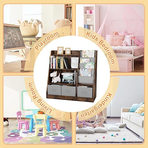 Miniatura 149 de Estantería de madera rosa de 4 niveles para niños, estantería de 5 capas, estante para libros de almacenamiento para bebés, organizador de juguetes