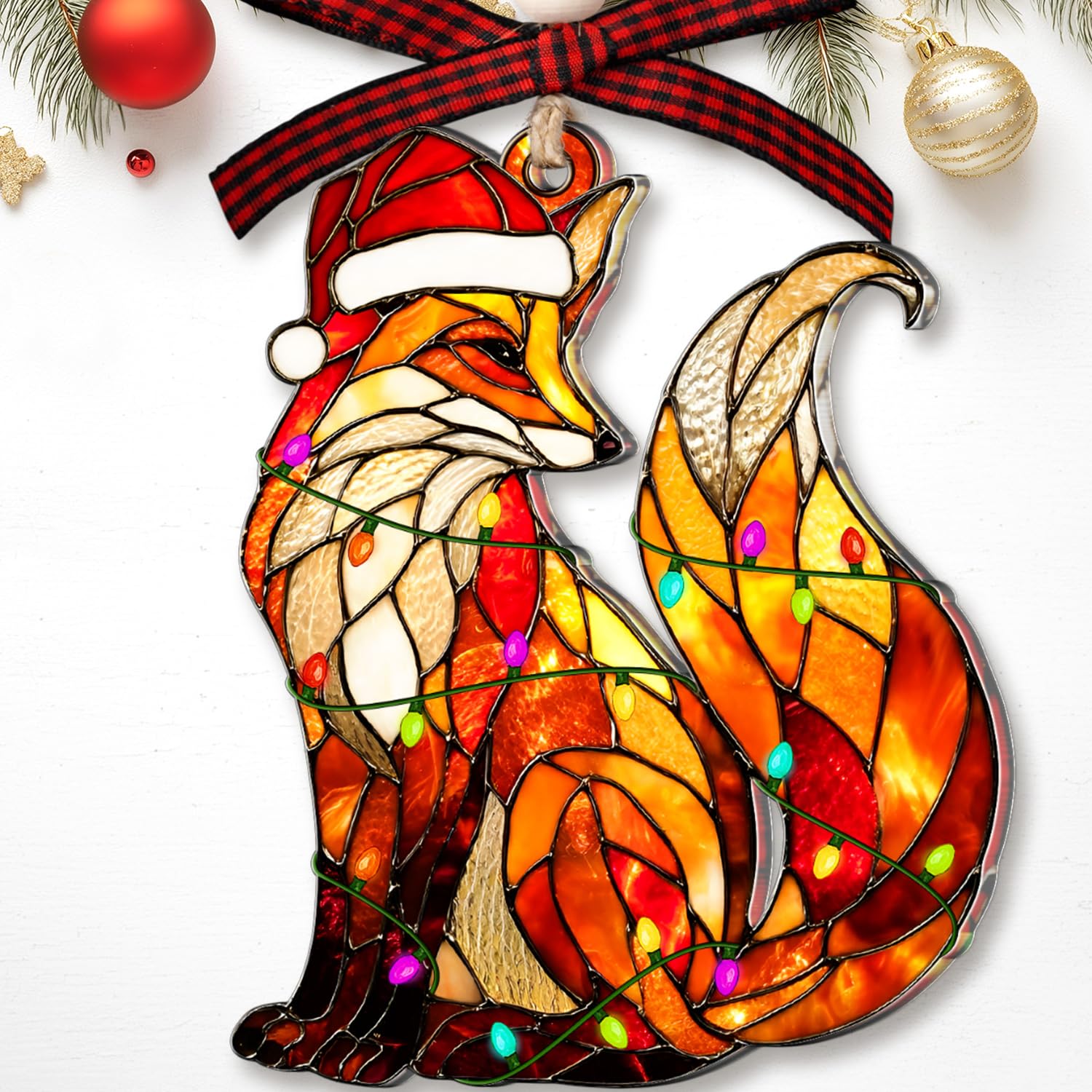Décoration renard rouge en bois pour sapin de Noël et fêtes