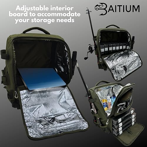 Miniatura 4 de Baitium Mochila de pesca, bolsa de aparejos con soportes para caña, capacidad de 40 litros con enfriador, cubierta para lluvia, bolsillo aislado, 4