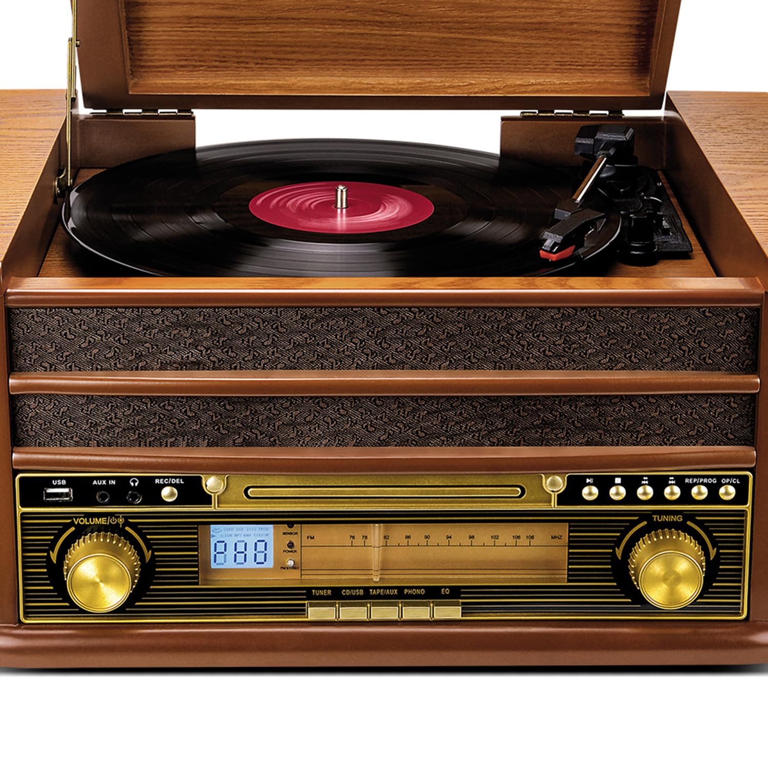 Tourne-Disque Evidence Acoustics EA-PL400 - Vinyle 33/45/78, 60W PMPO, Radio FM, CD, Cassette, Bluetooth USB, REC, rétro, Bois