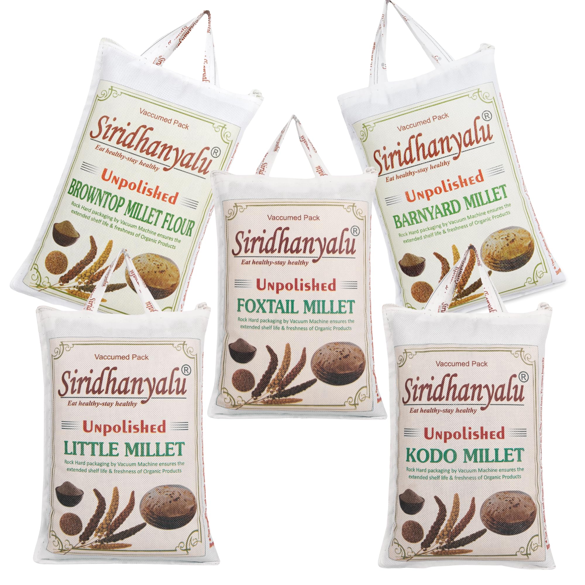 SIRIDHANYALU Millets on Amazon, Kodo, Little, Foxtail, Barnyard, Browntop Millet Unpolished and Organic 920gm Each, 5 Positive Millets from heartland of Karnataka.