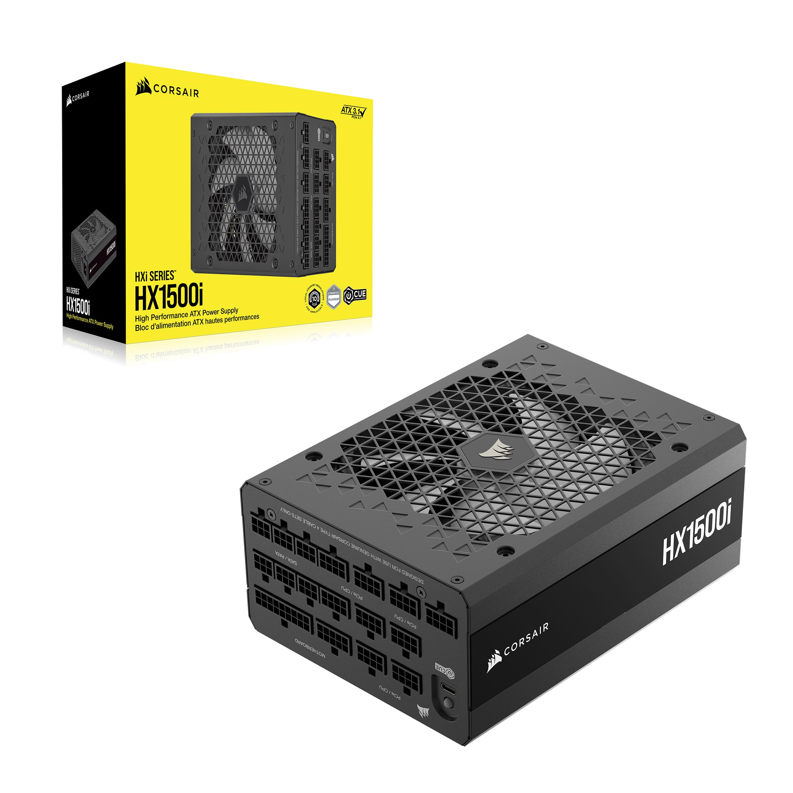 CORSAIR HX1500i (2025) Alimentatore ATX Modulare Silenzioso 12V-2x6 – Nero | Con cavo, Compatibile con ATX 3.1 e PCIe 5.1, Efficienza Cybenetics Platinum