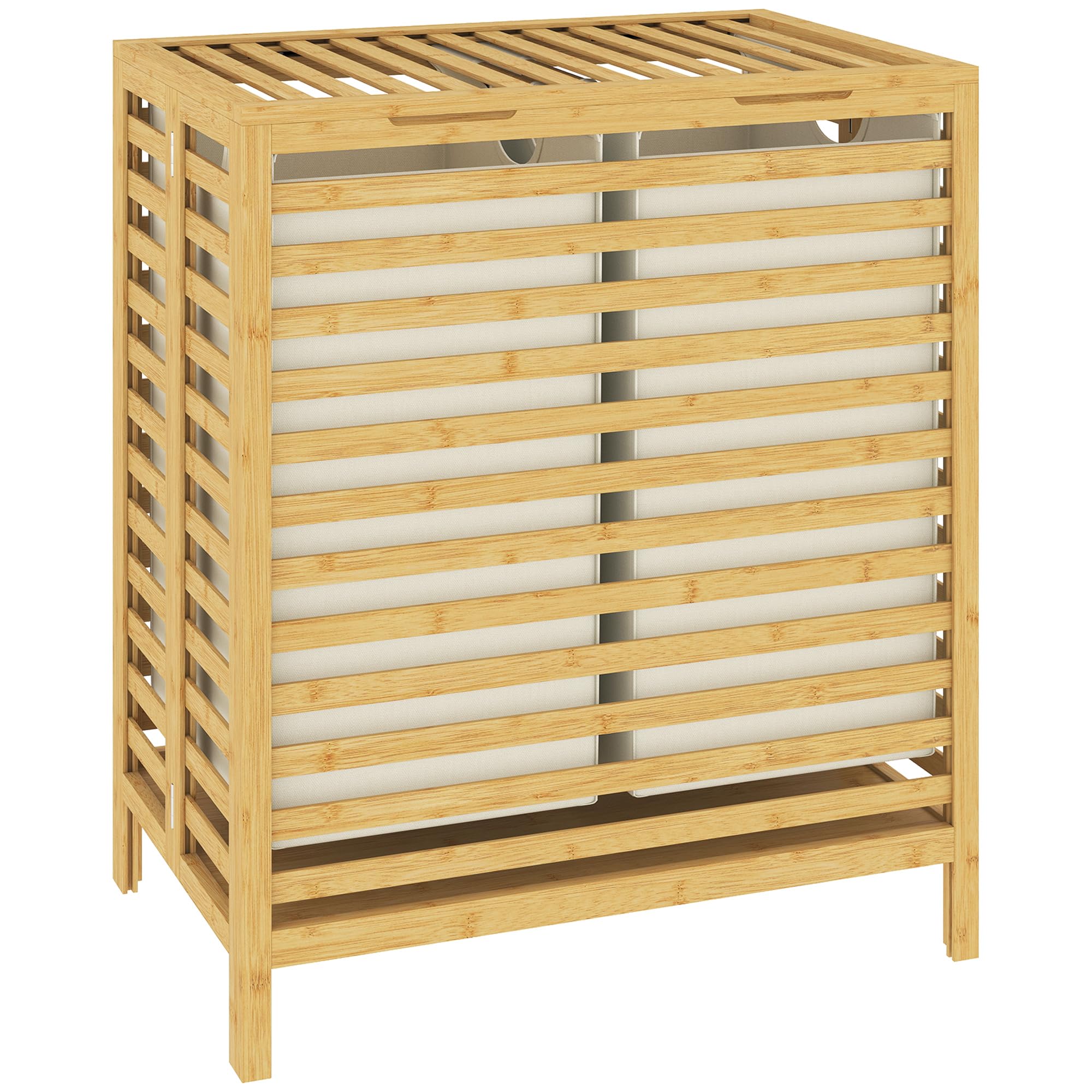 Homcom Natural Bamboo Laundry Basket With Lid, 2 Baskets, Foldable,