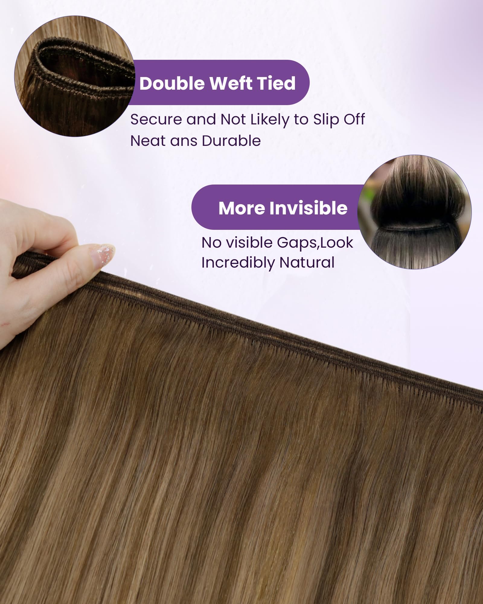 LaaVoo Weft Hair Extensions Real Human Hair 14 Inch 80g Brown Sew in Hair Extensions Full Head Straight Balayage Blonde Remy Invisible Double Weft Weave #8/16/8 - Image 3