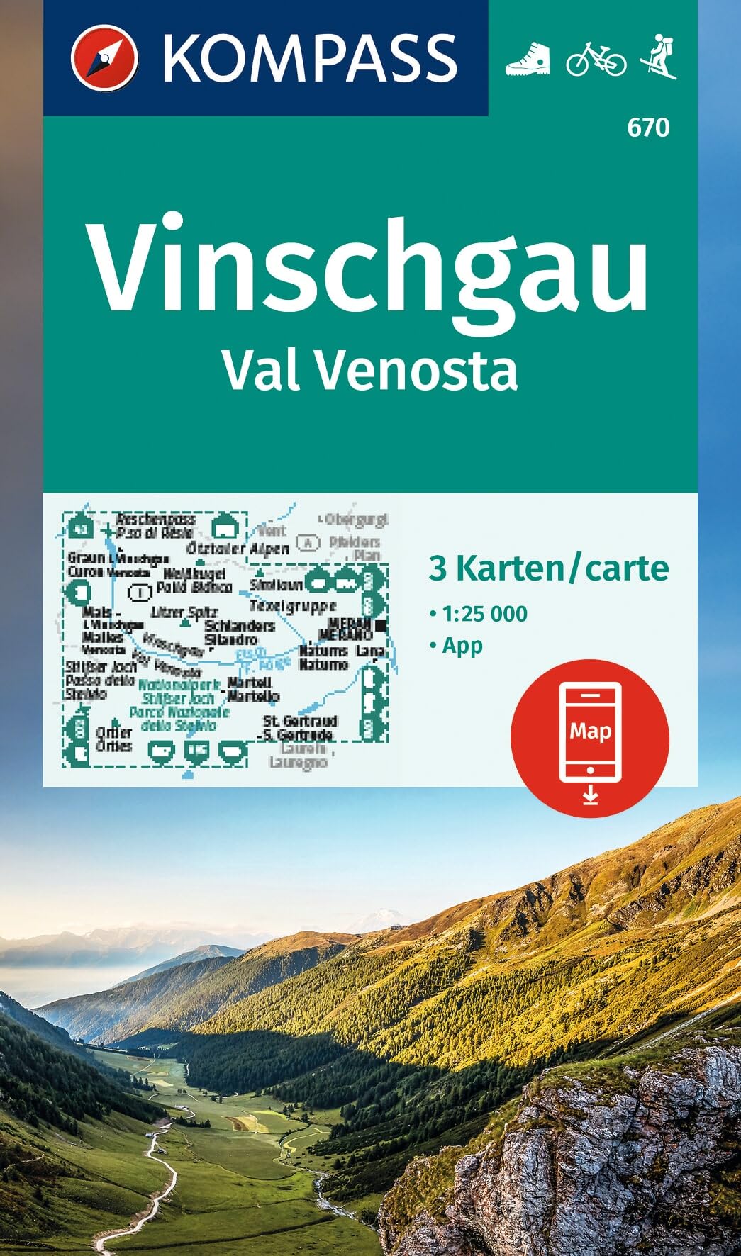 KOMPASS Wanderkarten-Set 670 Vinschgau / Val Venosta (3 Karten) 1:25.000: inklusive Karte zur offline Verwendung in der KOMPASS-App. Fahrradfahren.
