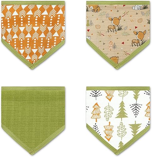 DREAMS & DIMPLES Baberos de muselina para bebé con botón de presión ajustable, sin níquel, paquete de 4 baberos bandana para recién nacidos, niños