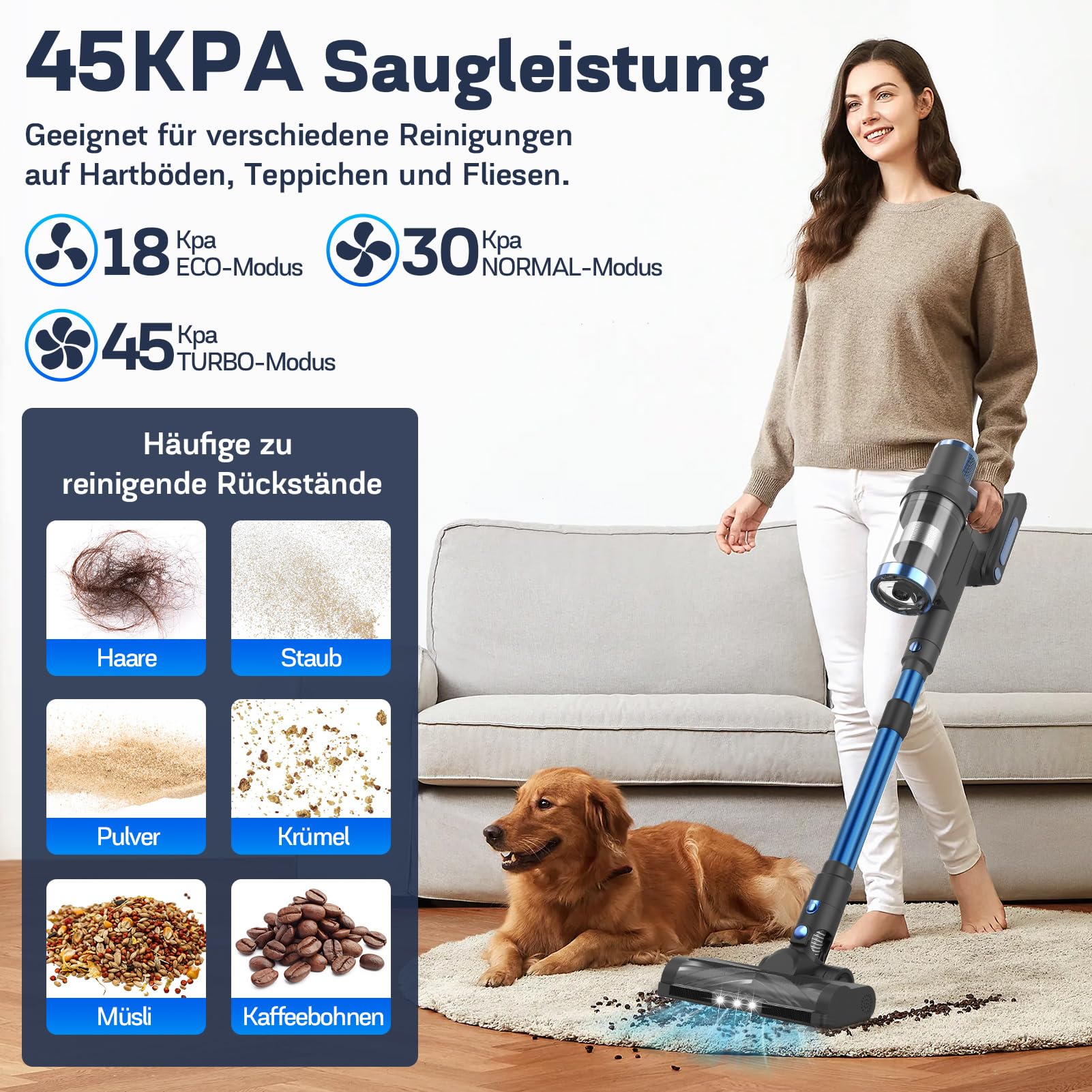 Nigecue Odkurzacz akumulatorowy 550 W/45000 Pa/60 min, bezprzewodowy odkurzacz z inteligentnym ekranem dotykowym i stacją ładującą, szczotka zapobiegająca splątaniu, pojemnik na kurz 1,5 l, odkurzacz