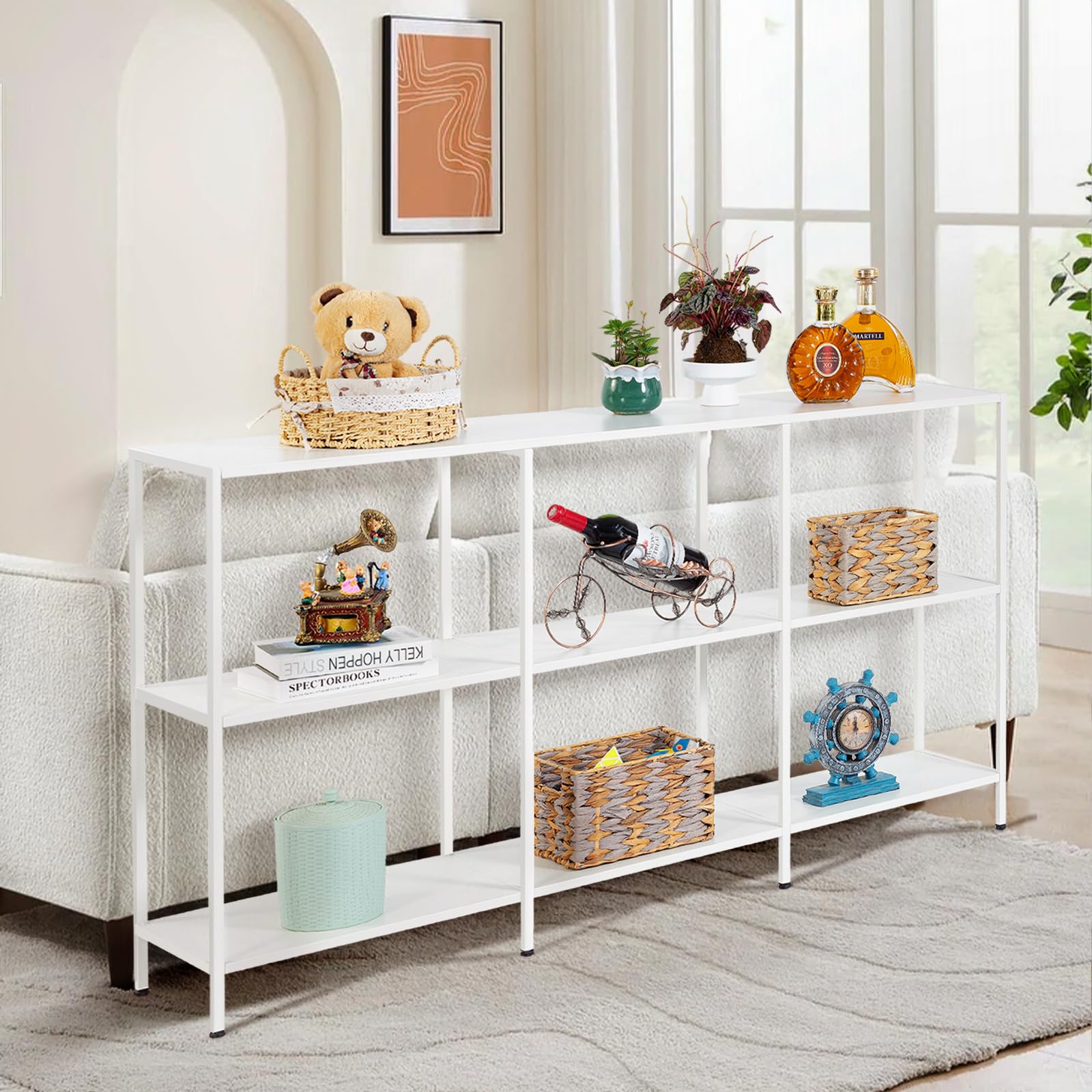 HDANI Mesa de sofá consola de 140 cm con 3 estantes, mesa de entrada estrecha con marco de metal, mesa industrial detrás de mesas de sofá, moderno soporte de TV para pasillo, sala de estar, dormitorio
