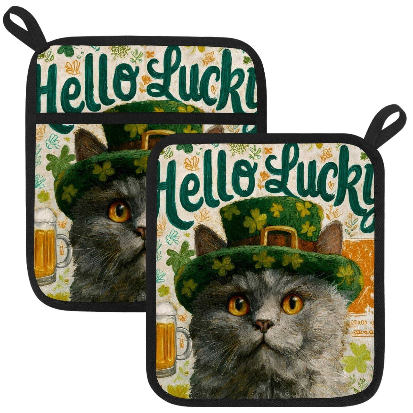 VAPOKF Lucky Cat Heat Resistant Pot Holders, Thick Pot Holders Pad with Hanging Loop for Kitchen, Oven Cloth Pads for Kitchen Baking Microwave Oven