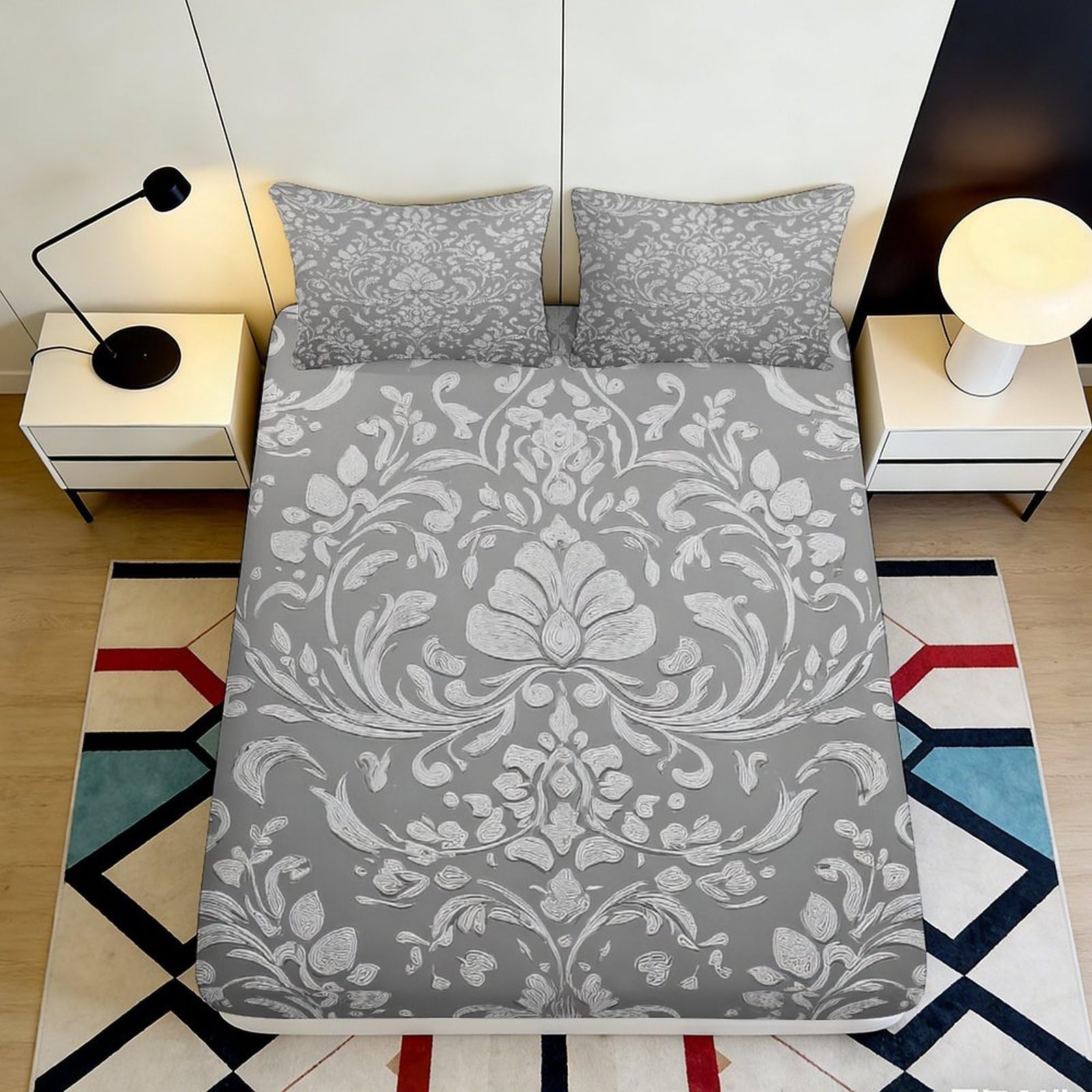 3D Printed Floral Damask Fitted Sheet Microfiber Grey Elegant Bed Cover for Bedroom Guest Room Dustproof Washable Decor 90x200x25cm