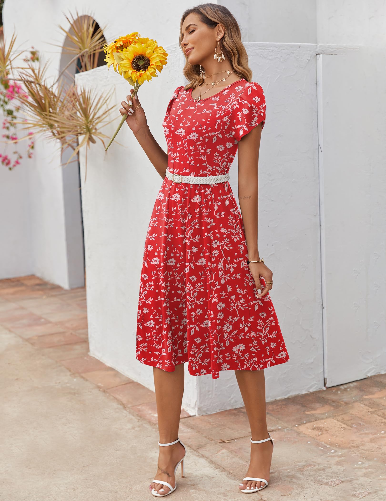 Zeagoo Robe Femme Estivale Casual Manches Courtes avec Poches A‑Line Robe Midi Légère Élégante pour Printemps Été S-XXL