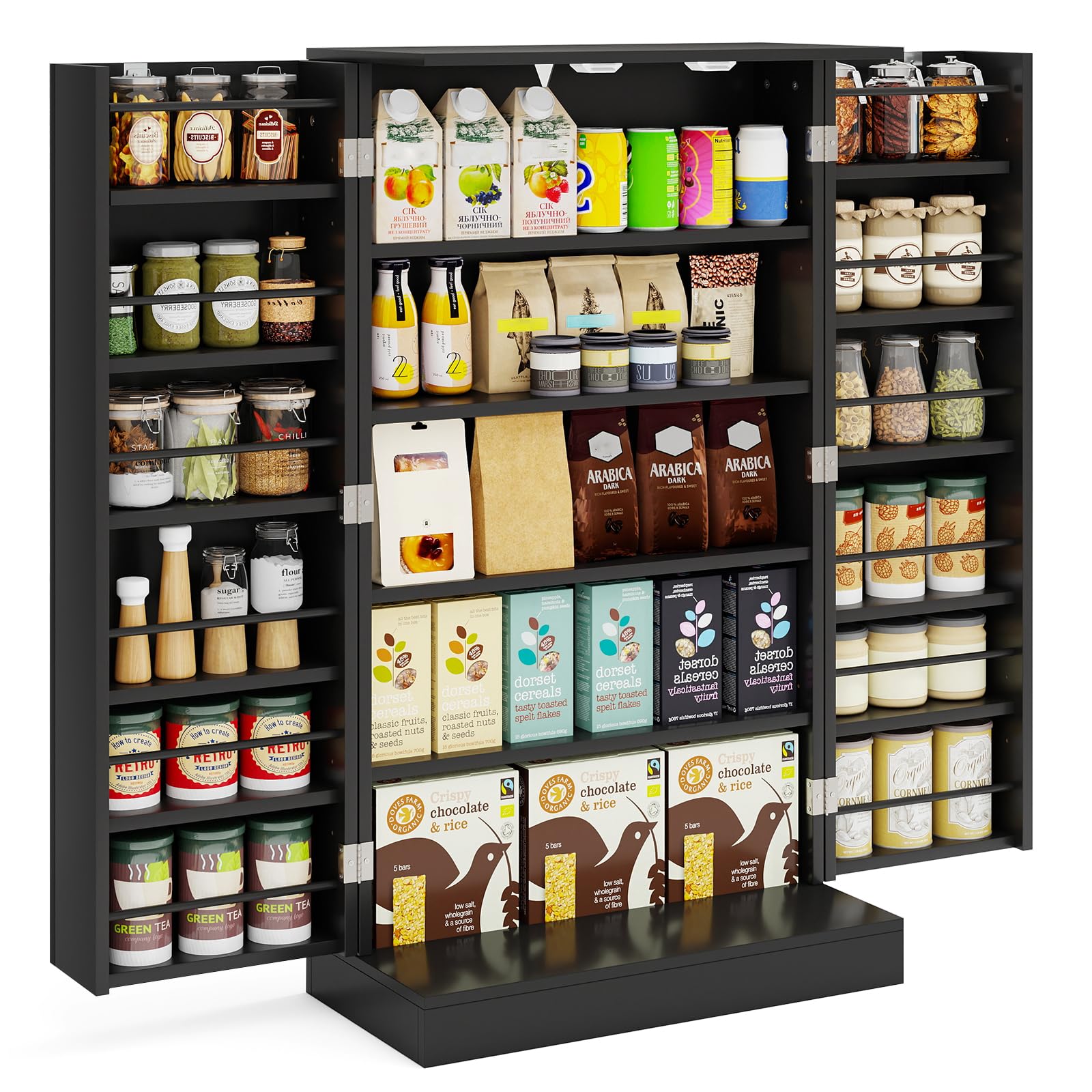 COSTWAY Armoire de Cuisine 2 Portes avec 16 Étagères, Meuble Cuisine Rangement avec Dispositif Anti-Renversement, Buffet pour Salle à Manger, Salon, Noir