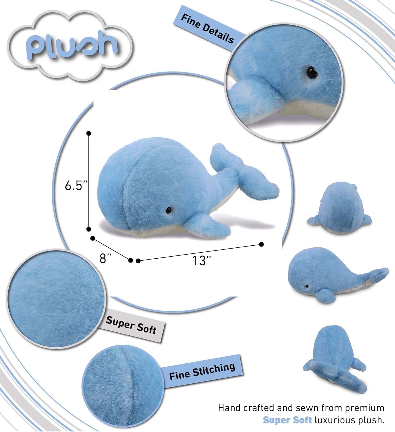 DolliBu Plush Whale Stuffed Animal - Soft Huggable Blue Whale, Adorable Playtime Whale Plush Toy, Cute Ocean Life Cuddle Gifts for Kids and Adults - 13 Inches, Blue 13''
