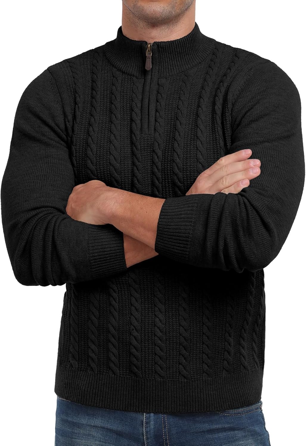 Askdeer Men's Quarter Zip Sweater Cable Knit Mock Turtleneck Sweater Long Sleeve Soft Casual Pullover Sweater - Image 5
